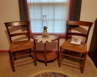 Antique Rush Bottom Chairs, Demilune Table