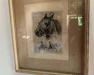 Framed and Signed R.H. Palenske dry point etching of Trotter Horse 