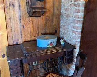 Singer Wrought Iron Treadle Sewing Machine Cabinet and Antique telephone