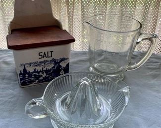 HALF OFF!    $8.00 now, was $16.00......Vintage Juicer, Measuring Cup and Salt Box, Salt as is (A17)