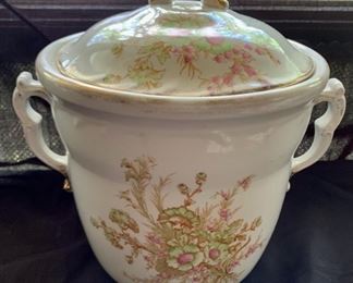 CLEARANCE!  $6.00 now, was $25.00......Very Large Antique Covered Commode Chamber Pot, 15" tall, as is , has one chip, still a unique piece, much larger than picture appears (A81)