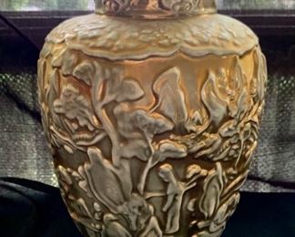 CLEARANCE!  $4.00 now, was $14.00......Large Covered Gold Jar, 13 1/2" tall (A78)