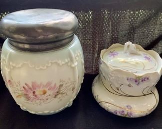 $40.00......Lovely Antique Biscuit Jars, Not sure if metal lid is original but fits nice? (A65)