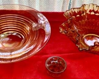 CLEARANCE!  $4.00 now, was $16.00......Amber Glass Bowls and Flower Frog (A133)