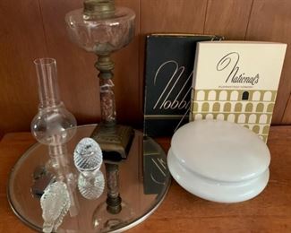 HALF OFF !  $4.00 now, was $20.00........Dresser Mirror, Oil Lamp, Large Porcelain Powder Box, Crystal Egg and More (AA13)
