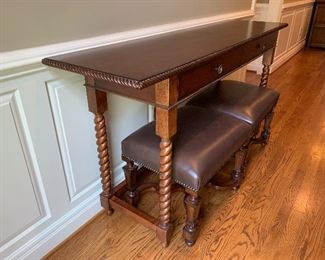 LUXURY Console Table by Bernhardt ($450) - Measures 64” x 18” x 34” - Pair of Leather Stools with Nailhead Accents ($300) - Measures 22.5” x 17.5” x 18”