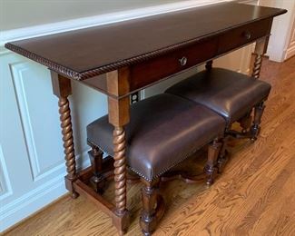 Alternate View of Bernhardt Console Table and Leather Stools with Nailhead Accents