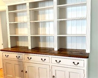 $2500. Farmhouse chic, custom made storage/display hutch. Two pieces. Rustic wood tap, painted base and hutch. 