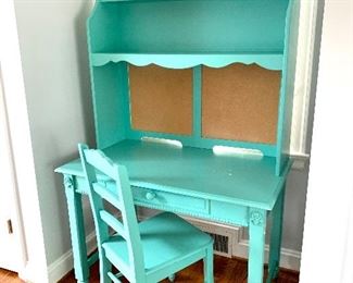 $150 - Shabby chic, teal painted desk with hutch, Chair included - Measures 44” x 25” x 76” - Top measures 46” tall and bottom measures 30” tall