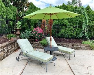 $500 for the PAIR of outdoor loungers by designer Brown Jordan. Frontgate Cushions included. $250 for the Cocktail table with large, lime green umbrella. Umbrella in GREAT condition. Table could use a coat of paint, but otherwise very good, usable condition. 