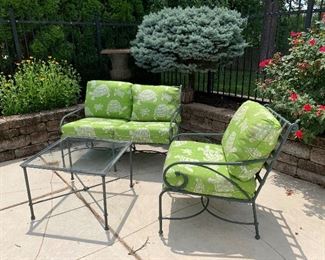 $850 for 3-piece patio conversation suite by luxury CA designer Brown Jordan. Set includes love seat, chair, glass top table, turtle cushions by Frontgate. 