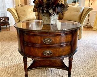 $650 - HIGH END Theodore Alexander Center Table with Brass Accents - Measures 38” Diameter x 30” Tall
