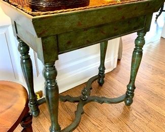 $500 - DESIGNER Maitland-Smith Distressed Green Side Table with Basket - Measures 30” x 18” x 31.5”
