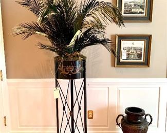 DISTINCTIVE Black Plant Stand with Faux Palm ($250) - Measures 14” Diameter x 48” Tall and HIGH END Hammered Brass Floor Urn ($200) - Measures 42” Tall