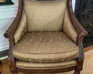 $250 - Carved Wood with Gilt Accent Custom Upholstered Chair - Measures 29” x 24” x 40”