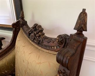 Close Up of Carved Wood with Gilt Accent Custom Upholstered Chair