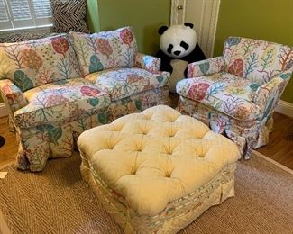 $500 - 3 Piece custom upholstered set: love seat, chair and tufted ottoman. Loveseat measures 56” x 32” x 32”, Chair measures 30” x 29” x 30”, Ottoman measures 30” x 30” x 15”