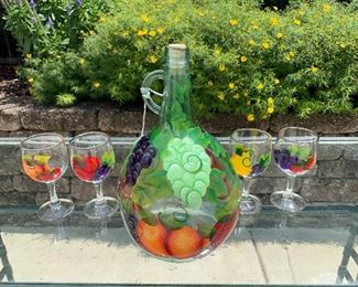 $40 - Painted Decanter and 4 Matching Glasses