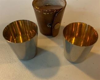 Leather shot glass holder with steel shot glasses