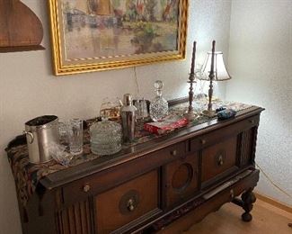 Antique sideboard, framed painting, dishes
