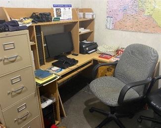 File cabinet, desk, swivel desk chairs, chair mat