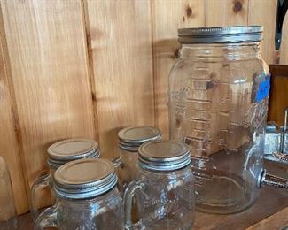 Mason jar set of four lidded and handled glasses and pitcher with spigot