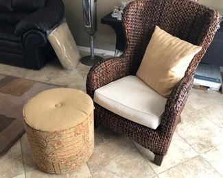Seagrass wing back chair by Design Crew Collection and fabric ottoman