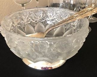 Carved etched glass rose serving bowl with silver base and serving spoons