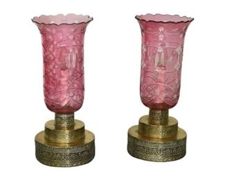 22. Pair Vintage Lamps With Cranberry Flash Decorated Shades