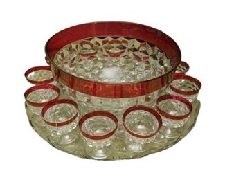 24. Large Punchbowl and Cups with Cranberry Flashed Rims