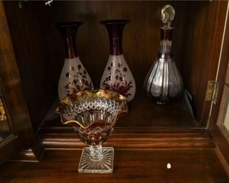46. Vintage Ruby Flash decorated Decanters and Compote