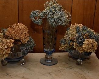 90. Three 3 Glass Vases with Artificial Flowers