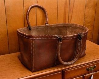 94. Large Vintage Wood Tote Leather Bag