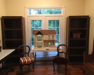PAIR OF SAUDER TALL BOOKCASES, VINTAGE LARGE DOLLHOUSE, 2 ANTIQUE CHAIRS (chairs as is)