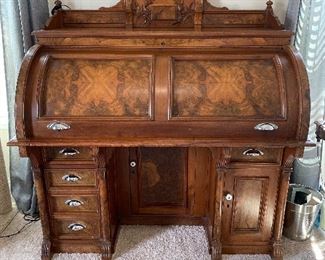 American Antique Bankers Roll Top Desk, from First National Bank of Tuscaloosa.  c1800s. Walnut/Mahogany/Birds Eye Maple.  (54.5w 30d 52h) $4000 -- DISCOUNTED TO $2000 FIRM.