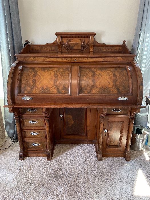 American Antique Bankers Roll Top Desk, from First National Bank of Tuscaloosa.  c1800s. Walnut/Mahogany/Birds Eye Maple.  (54.5w 30d 52h) $4000 -- DISCOUNTED TO $2000 FIRM.