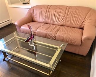 Vintage pink leather sofa & Glass table