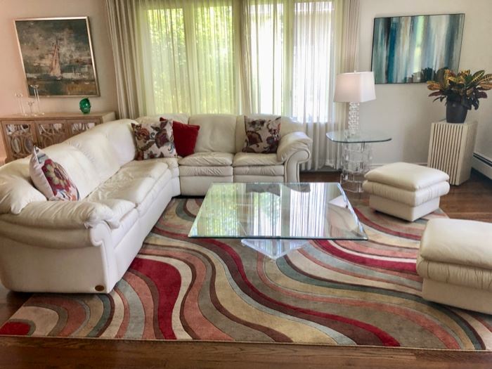Natuzzi leather ivory sectional sofa , Area rug, Tables
