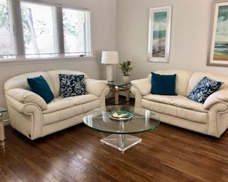 Pair Natuzzi ivory leather sofas & Coffee & end tables