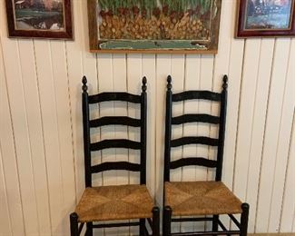 2 matching ladderback chairs with rush seats in great condition 