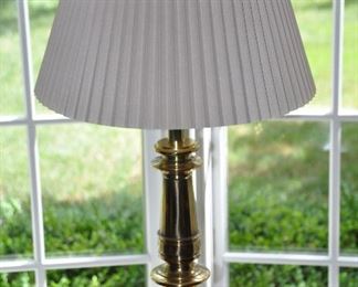 PAIR OF VINTAGE HEAVY BRASS STIFFEL TABLE LAMPS WITH PLEATED CREAM SHADE, 30"H X 16"W, OUR PRICE $285.00 PAIR