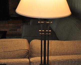 BLACK IRON TABLE LAMP WITH IVORY SHADE, 13"W X 32"H. OUR PRICE $65.00