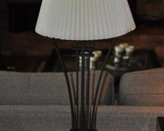 BLACK IRON TABLE LAMP WITH A IVORY PLEATED SHADE, 15"W X 28"H. OUR PRICE 65.00