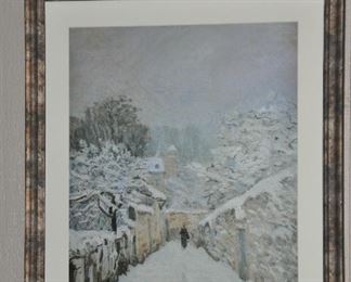 WONDERFUL "SNOW AT LOUVECIENNES" PRINT BY ALFRED SISLEY, MATTED AND FRAMED, 25" X 30". OUR PRICE $85.00