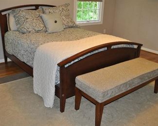 9 PIECE GREY, WHITE AND BLUE PAISLEY QUEEN BEDDING SET INCLUDING 4 PILLOWS, 2 PILLOWCASES, 2 SHAMS AND MATCHING DUVET COVER. OUR PRICE $125.00.ALSO SHOWN WITH A ETHAN ALLEN UPHOLSTERED TAUPE BENCH!