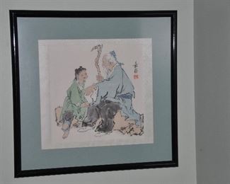 TERRIFIC CHINESE WATERCOLOR, OLD SCHOLAR AND SCHOOL GIRL, SIGNED, MATTED IN SEAFOAM GREEN AND FRAMED IN A BLACK LACQUER FRAME. 23.5" x 22.5". OUR PRICE $115.00.  