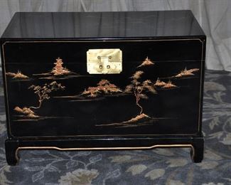 PAINTED BLACK LACQUER ASIAN STYLE TRUNK 0N SEPARATE STAND. 26"W x 14.5"D x 18"H WITH STAND. IN EXCELLENT CONDITION. OUR PRICE IS $250.00.  