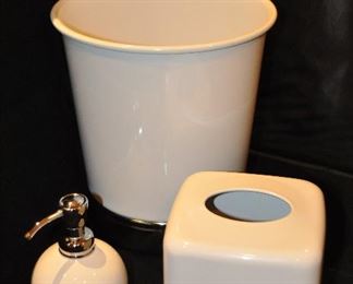 THREE PIECE WHITE AND CHROME WASTE BASKET, TISSUE AND SOAP DISPENSER SET. OUR PRICE $35.00