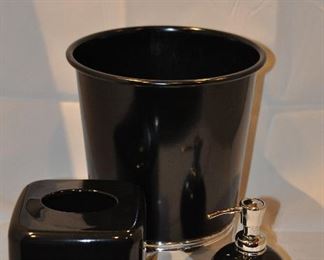 3 PIECE BLACK AND CHROME WASTE BASKET, TISSUE AND SOAP DISPENSER. OUR PRICE $35.00