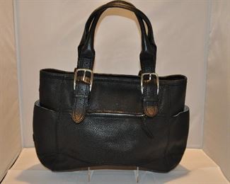 BLACK NAPPA PEBBLED LEATHER COLE HAAN DOUBLE HANDLED HANDBAG WITH SILVER HARDWARE AND SIDE AND FRONT POCKETS IN EXCELLENT CONDITION, 13"W X 11"H X 8"W. OUR PRICE $195.00
